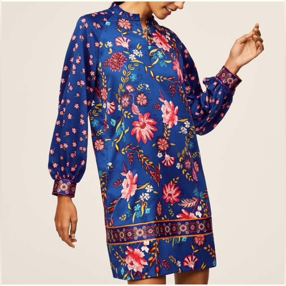 LOFT Vibrant Blue Floral Long Sleeve Shift Dress NWT Large